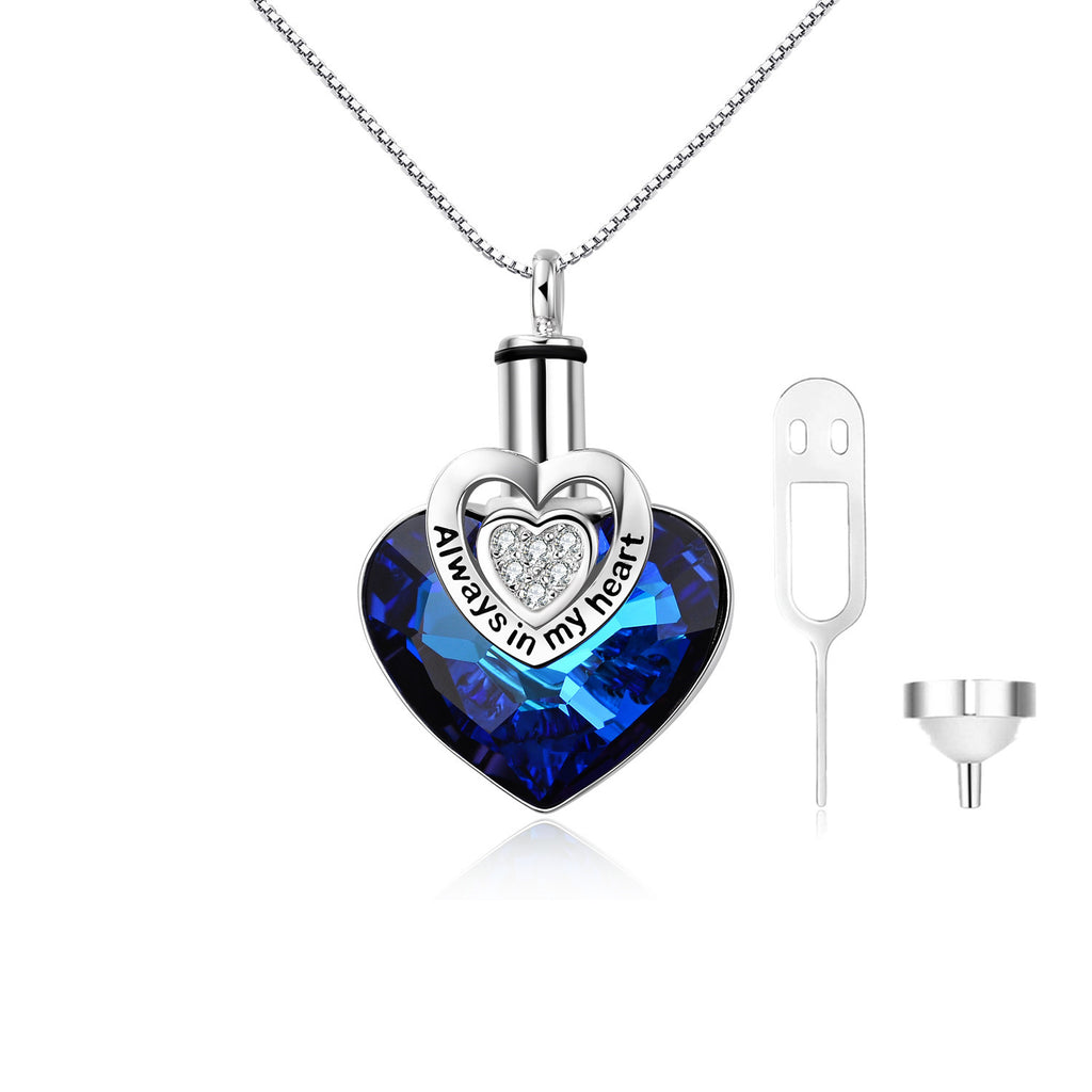 Crystal from Austria Heart Urn Cremation Keepsake Necklace in White Gold Plated Sterling Silver