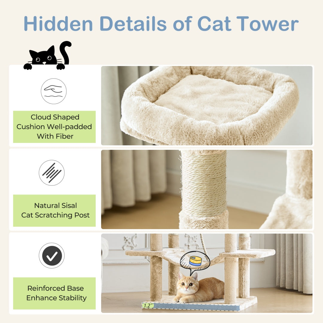 66 Inch Cat Tree Tower, Large Multi - Cat Climbing Extended Platform, Hammock, Pet House For Indoor Cats And Kittens Play - 5 - CJ
