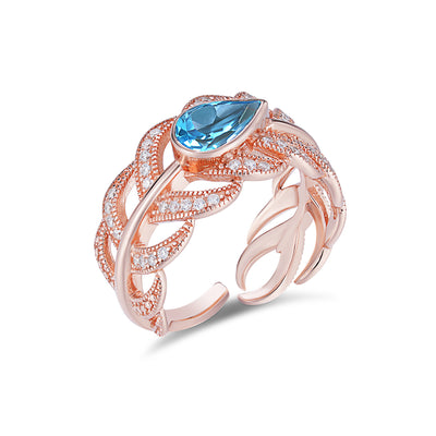 S925 Sterling Silver Gem Inlaid Women's Luxury Swiss Blue Topaz Personality Feather Ring - 4 - CJ