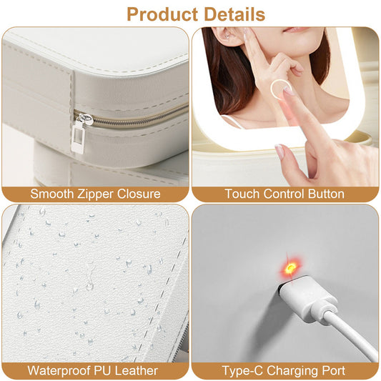 1Pc Portable Travel Makeup Bag With LED Mirror Rechargeable Beauty Mirror With 3 Color Light Dimmable Brightness Waterproof Cosmetic Bag With 4 Compartments Ideal Gift For Women Valentines Day Gift - 5 - CJ