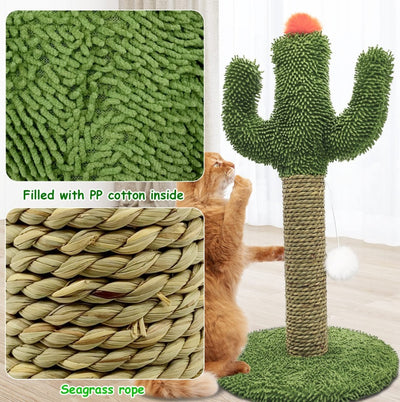 Cactus Cat Climbing Tree 2 - in - 1 - Solid Wood Base Natural Sisal Scratching Pillar With Hanging Ball Toy, Indoor Cat Multi - level Activity Center - 5 - CJ