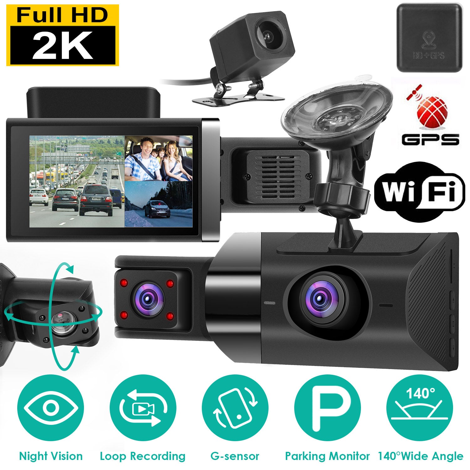 2K Car DVR 3 Channel Dash Cam Camcorder Camera Recorder With 140 Degree Angle GPS WiFi Night Vision G - sensor Loop Recording Parking Monitor - 5.0 - cjdropshipping