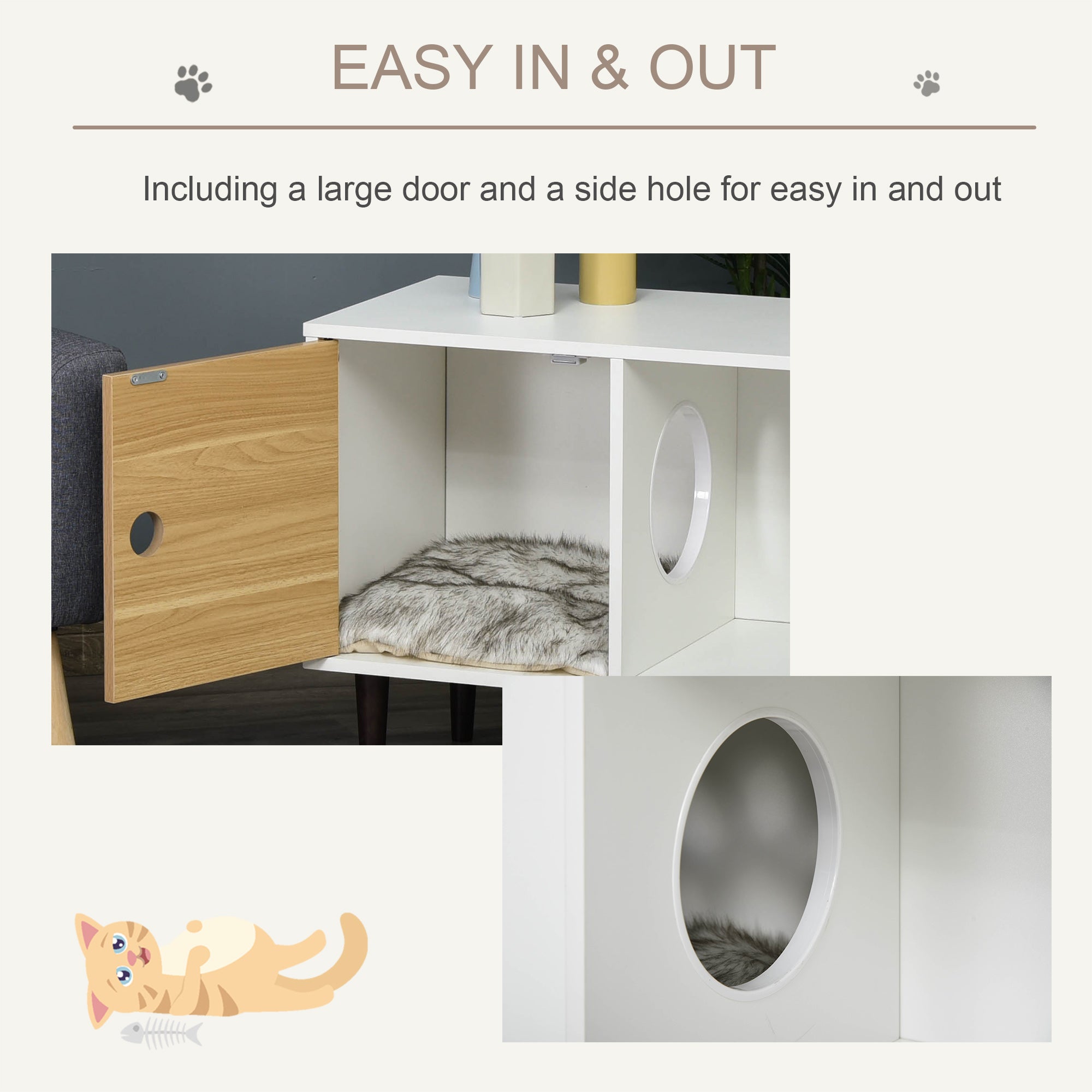 Wooden Cat House with Soft Cushion, Decorative Kitten Condo Side Table, Elevated Pet House with Storage Space - 5 - CJ