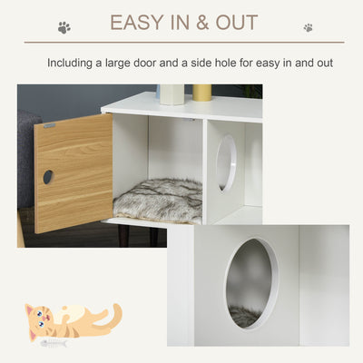 Wooden Cat House with Soft Cushion, Decorative Kitten Condo Side Table, Elevated Pet House with Storage Space - 5 - CJ