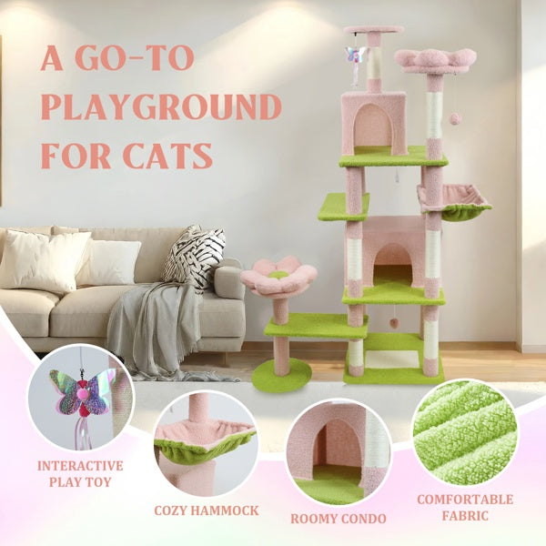 71 Inch Flower Cat Tree With Large Condo Removable Flower Cushion And Hammock Pink - 5 - CJ