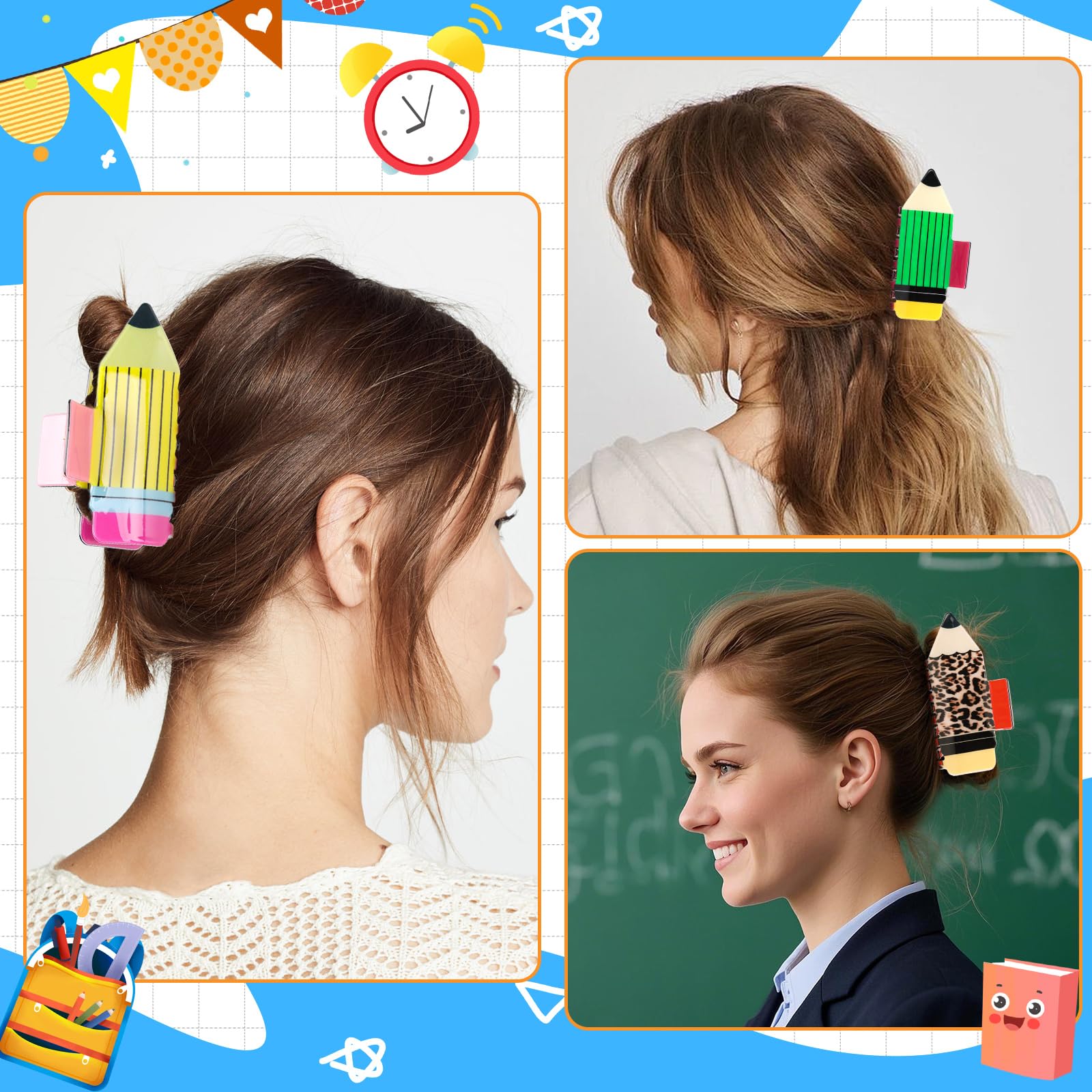 4Pcs Pencil Hair Clips Back To School Hair Accessories For Women Sunflower Leopard Stripe Hair Claw Clips Non Slip Hairpin For Thick Thin Hair School Opens Season Teachers Outfit Decor - Clearance - 5 - CJ