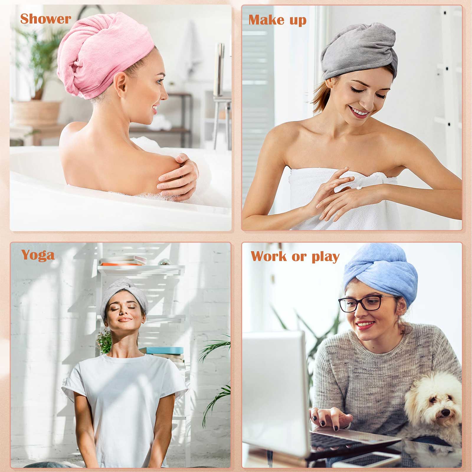 Women 3 PC Microfiber Hair Towel Wrap Ultra Absorbent Hair Turbans For Curly, Long & Thick Hair Blue,Grey,Pink - 5 - CJ