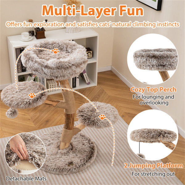 Multi - level Natural Pear Wood Cat Tree, Sisal Scratching Posts, Plush Balls, Long Plush Fabric - 5 - cjdroshippping
