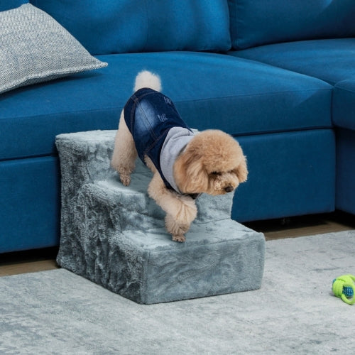 PawHut Three - Step Dog Stairs, With Washable Plush Cover, For High Bed Sofa, Dog Stairs For Small Dog And Cat - Light Grey - 5 - CJ