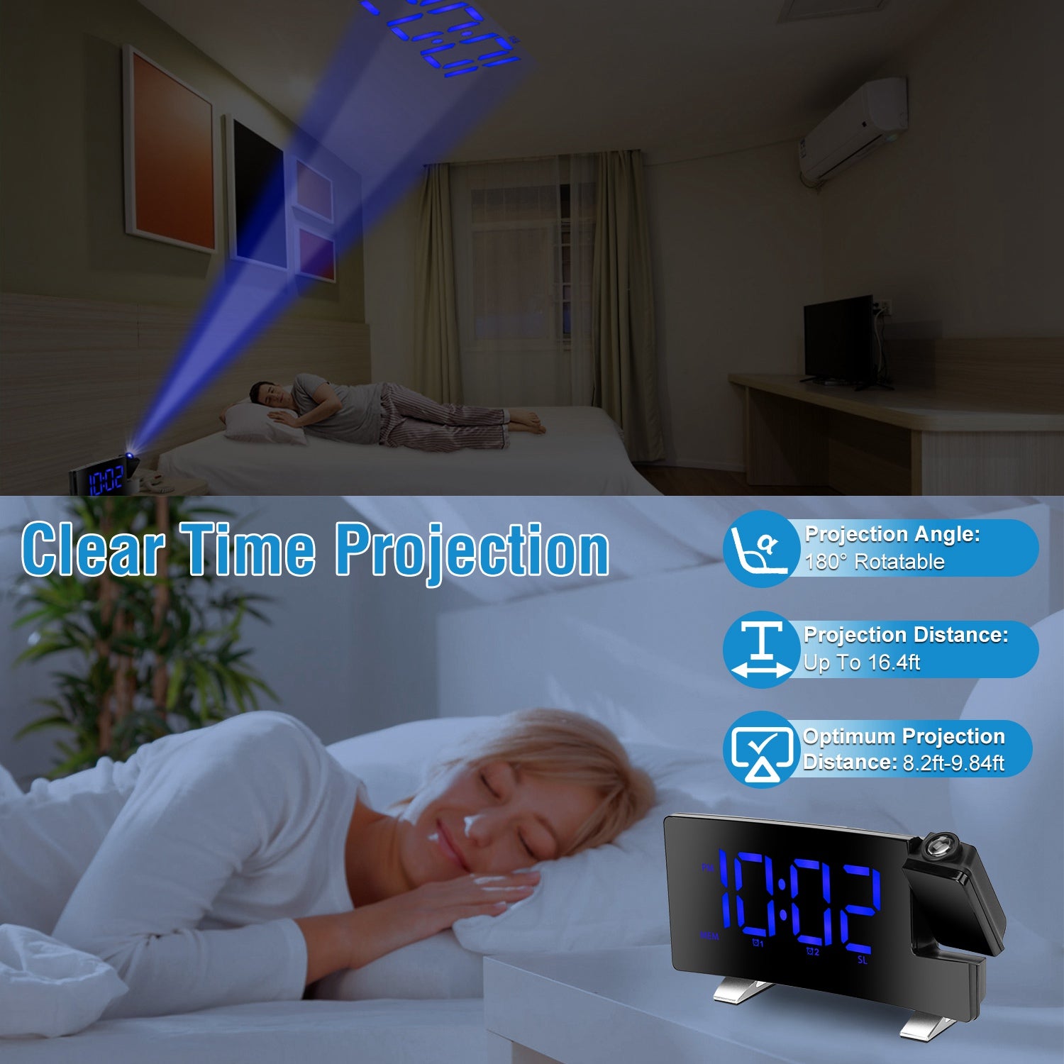 1Pc Projection Alarm Clock With Radio Function Curved Screen LED Digital Alarm Clock With Dual Alarms 4 Dimmer 12 - 24 Hour USB Charging Port 180Degree Rotatable Projection - 5 - CJ