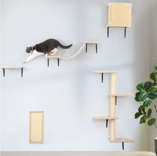5 Pcs Wall Mounted Cat Climber Set  Floating Cat Shelves And Perches  Cat Activity Tree With Scratching Posts  Modern Cat Furniture - 5 - CJ