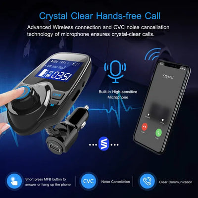 Car Wireless FM Transmitter Fast USB Charge Hands - free Call Car MP3 Player AUX Input - 5.0 - CJ