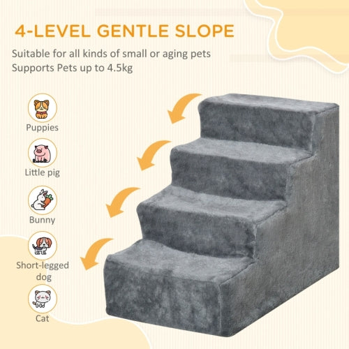 PawHut Four - Step Dog Stairs, With Washable Plush Cover, For High Bed Sofa, Dog Stairs For Small Dog And Cat - Light Grey - 5 - CJ