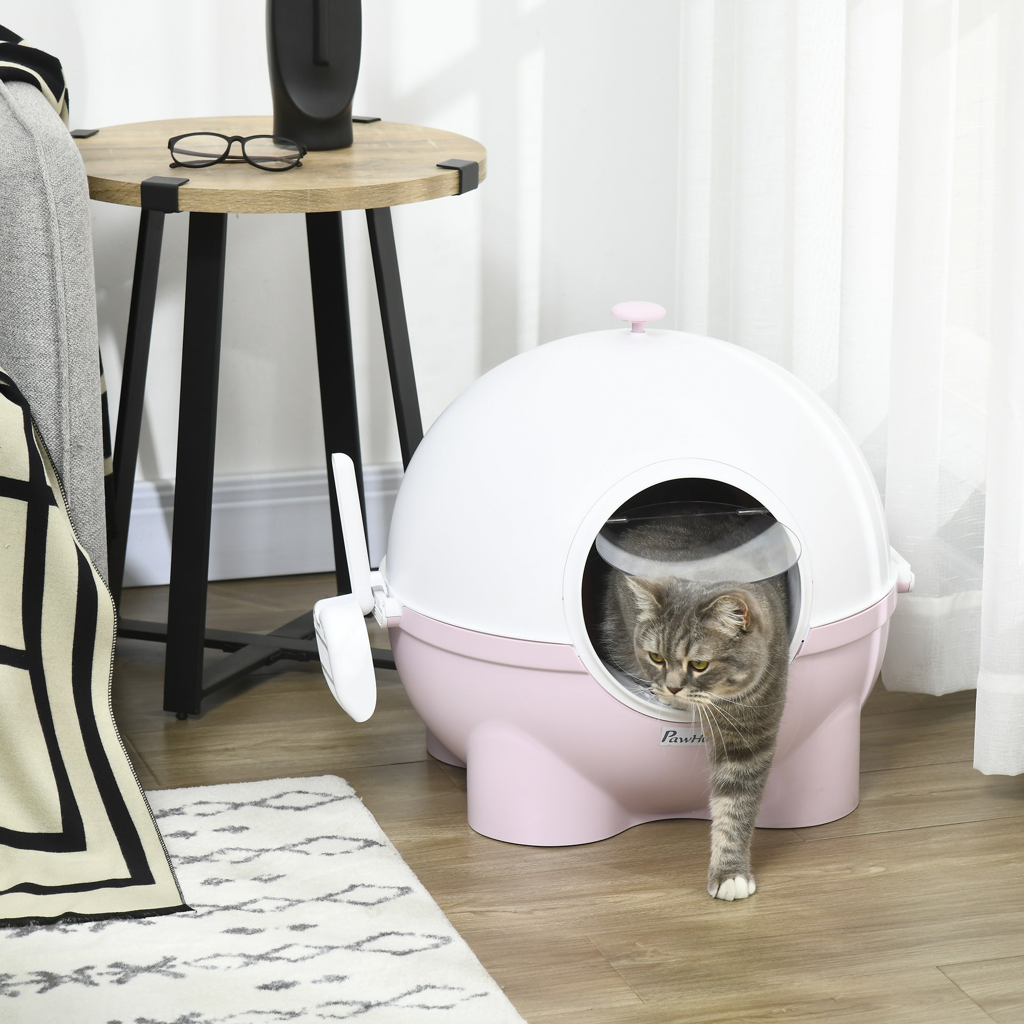 Hooded Cat Litter Box, Large Kitty Litter Pan with Lid, Scoop, Leaking Sand Pedal, Top Handle, Light Pink - 5 - CJ