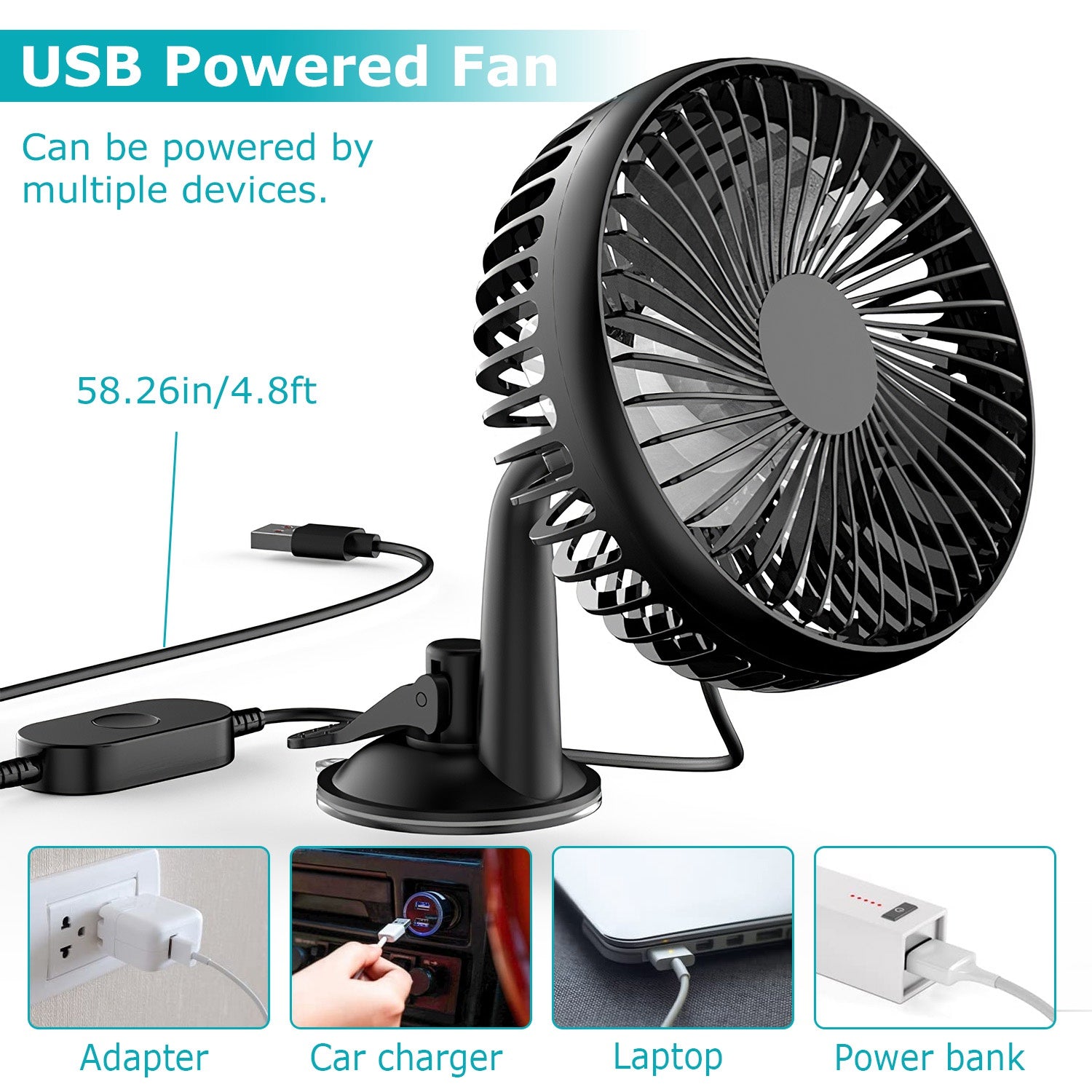1Pc Car Cooling Fan Portable Rotatable USB Vehicle Fan Backseat Clip Fan Dashboard Window Suction Fan For SUV RV Pickup With 3 Speeds - 5 - CJ