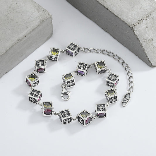 925 Sterling Silver Tide Square Cross Rainbow Zircon Dice Bracelet - 4 - CJ