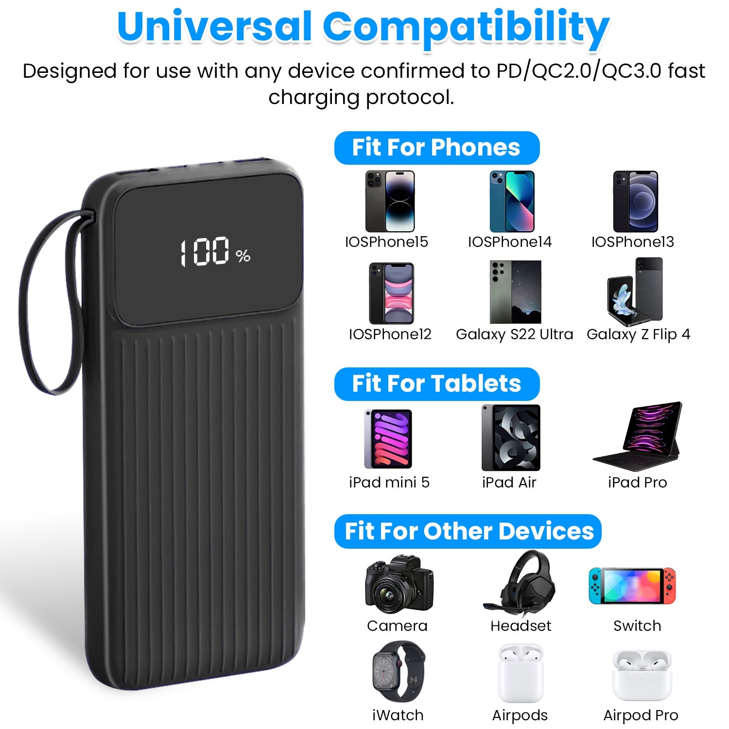 1Pc PD22W Fast Charger 20000mAh Fast Charging Power Bank Portable Charger With 4 Inbuilt Cables Digital Display Handle Fit For IOSPhone 15 14 Android And More - 5 - CJ