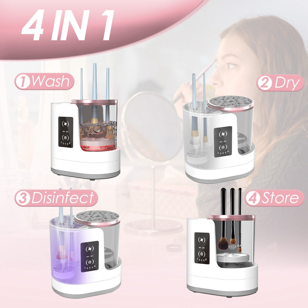 4 In 1 Electric Makeup Brush Cleaner USB Powered Automatic Brush Blender Machine With Timer Digital Display Cleaning Drying UV Disinfection Brush Storage For All Types Of Brushes