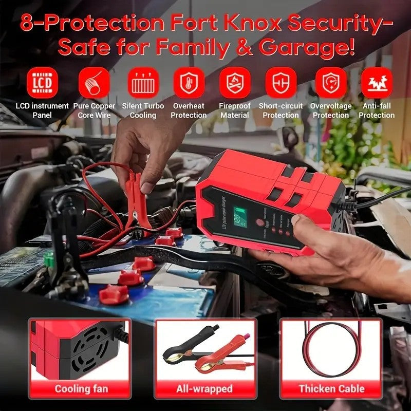 Smart 12V Car Battery Charger And Motorcycle Battery Maintainer, Easy To Operate, Full Power Self-stop, LCD Display, Battery Temperature Compensation, Without Battery