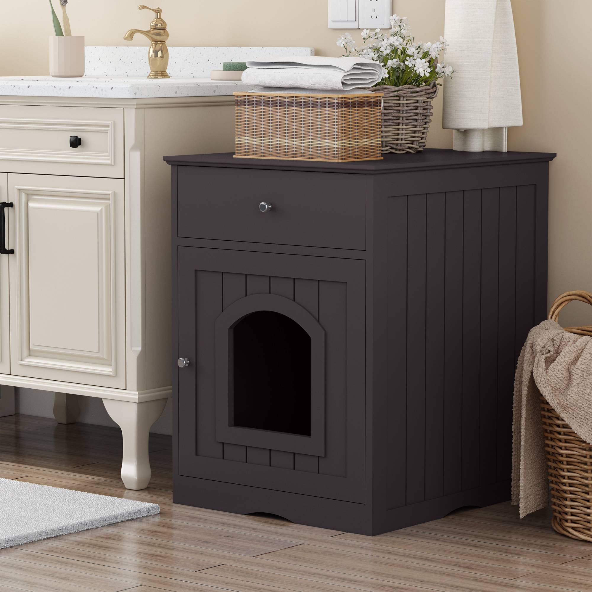 Wooden Pet House Cat Litter Box Enclosure With Drawer, Side Table Indoor Pet Crate - 5 - CJ