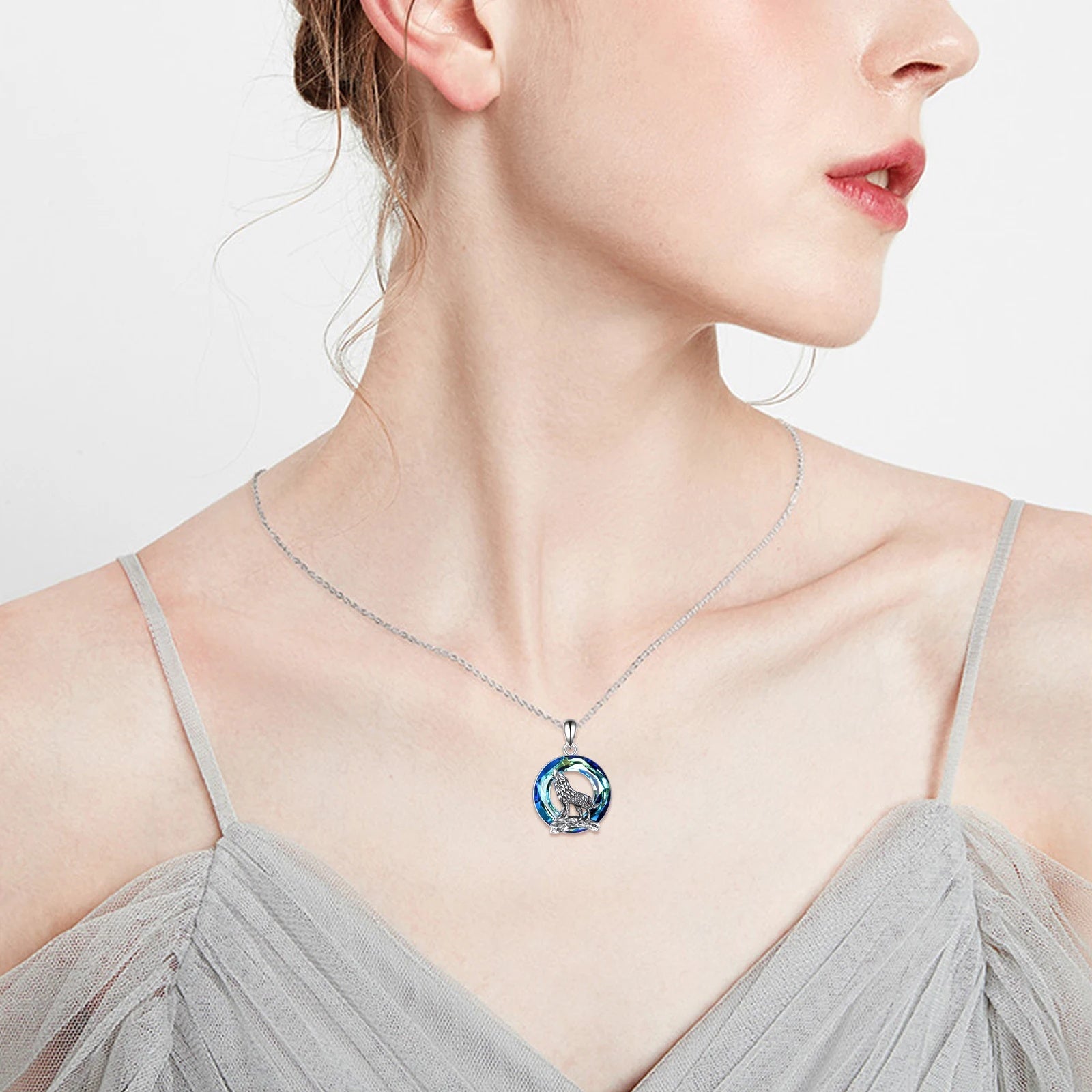 Sterling Silver Viking Wolf Earrings Necklace Jewelry with Crystal