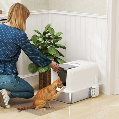 2 in 1 Stainless Steel Cat Litter Box with Removable Lid, Scoop, Filter Bags, for Small to Large Cats, White - 5 - CJ