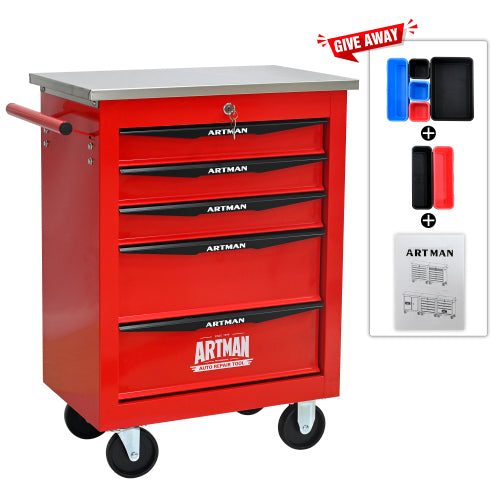 5 Drawers Multifunctional Tool Cart With Wheels,Metal Rolling Tool Cart Storage For Garage Workshop Warehouse Repair Shop - With Stainless Steel Roof - Red  Black - 5 - CJ