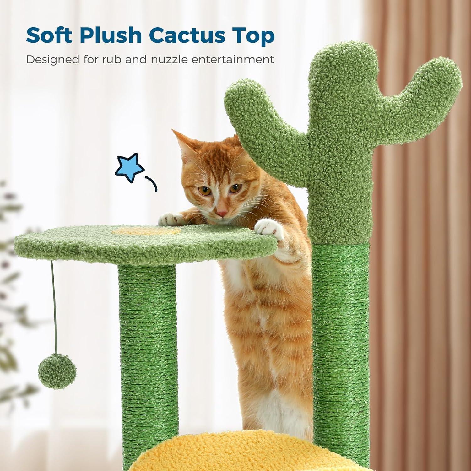 26 Inch Cactus Cat Tree With Bird's Eye View Flower Perch, Soft Cactus Top And Hanging Ball, Compact Vertical Structure For Indoor Cats - 5 - cjdroshippping