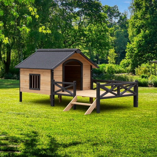 Outdoor Large Cabin Style Wooden Kennel With Porch - 5 - CJ