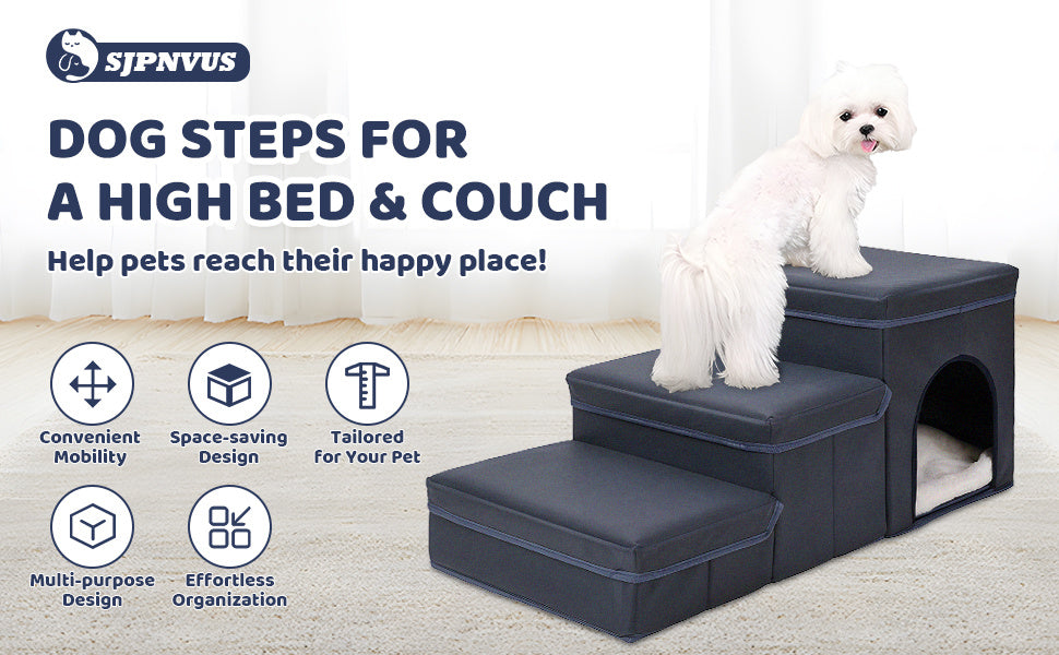 Foldable Dog Stairs With Storage - 3-Level Small To Medium Dog Breed Ramp, Oxford Fabric, Suitable For High Beds And Sofas, Pet Ladder, Dog Stairs