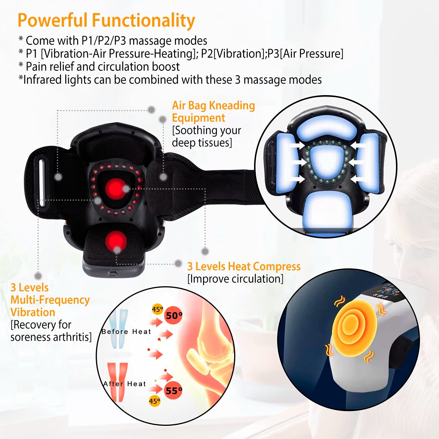 1Pc Electric Rechargeable Knee Massager Infrared Heat Pain Relief Therapy Knee Brace Wrap With Air Pressure Kneading Timer Temperature Adjustment - 5 - CJ