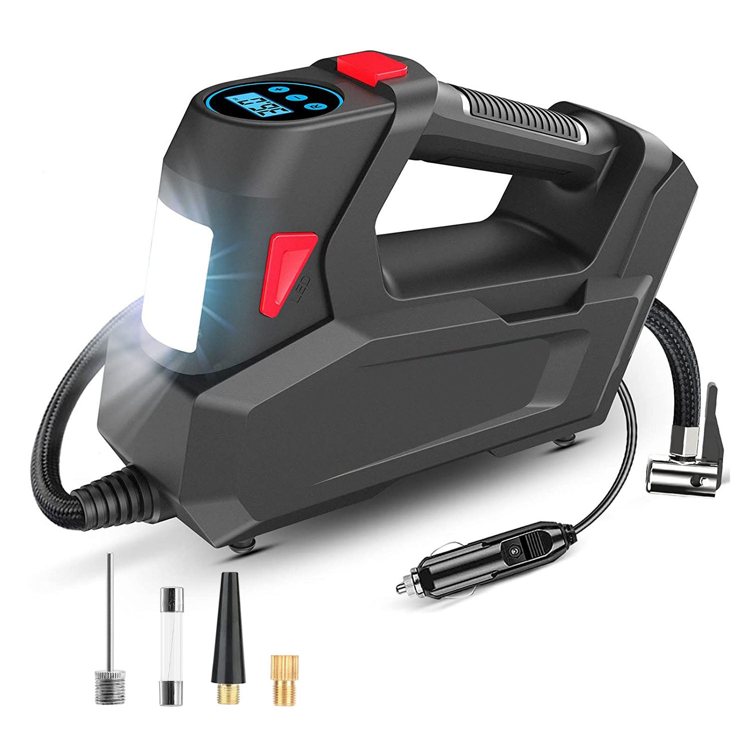 1Pc Portable Tire Inflator 120 PSI Maximum 90W Powered Tire Inflator With Digital Display LED Light Inflatable Nozzle Needle Fuse Air Compressor For Bikes Motorbikes Car Balls - 5 - cjdropshipping