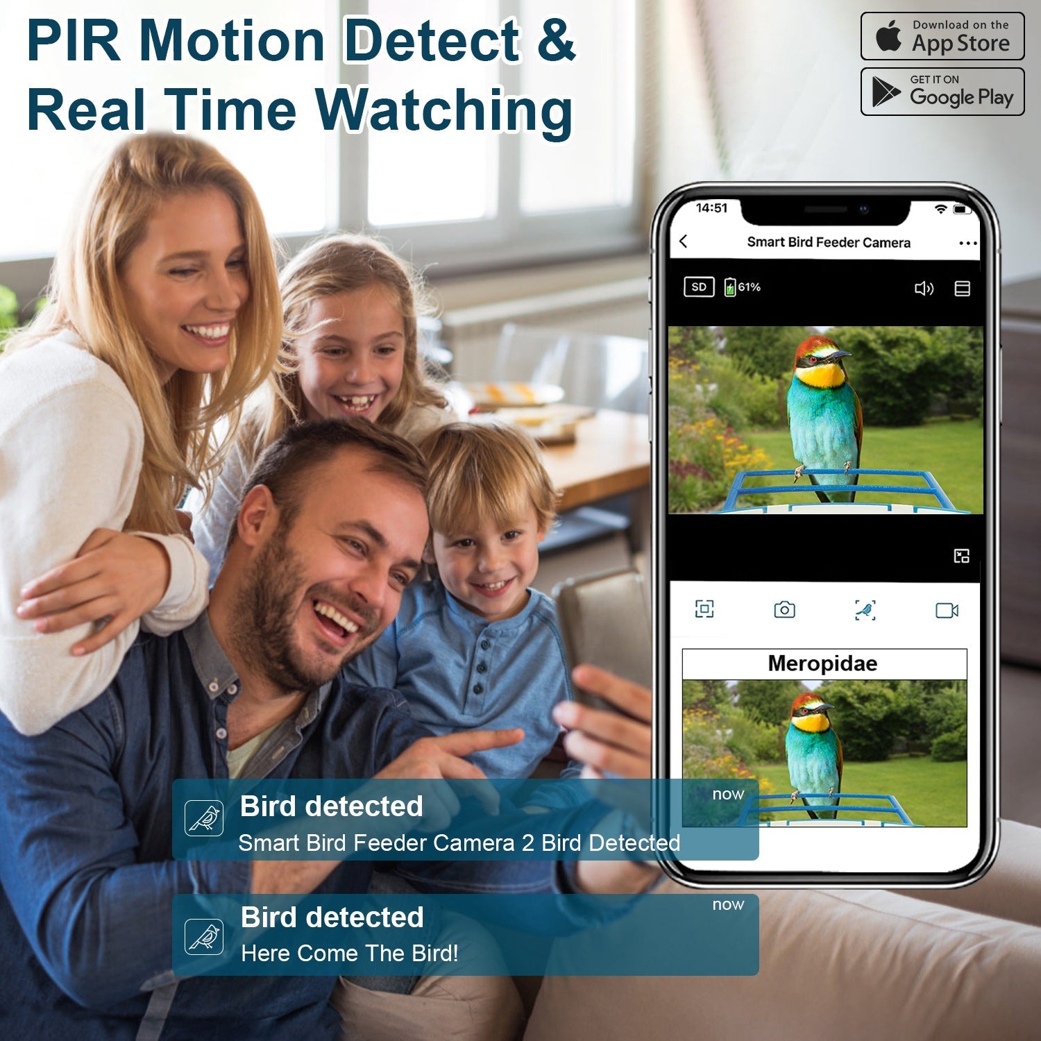 Smart Bird Feeder With Solar Powered Camera 1080P HD AI Identify PIR Motion Auto Capture Video Cloud Card Storage WiFi Connection App Control IP65 Waterproof by CJ