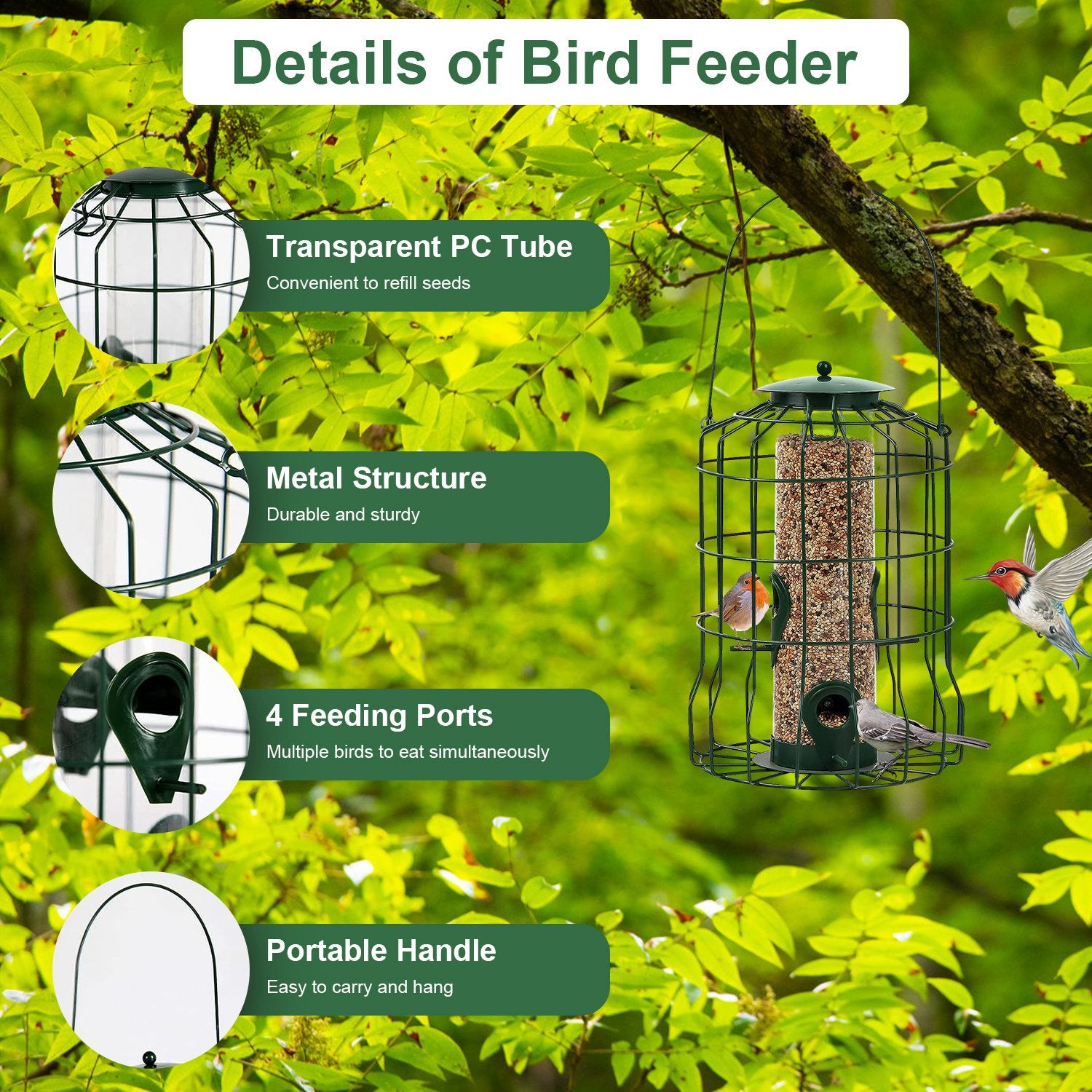 1Pc Outdoor Wild Bird Feeder Squirrel - Proof Chew - Proof Metal Hanging Seed Feeder With 4 Feeding Port For Small Songbirds - 5 - CJ