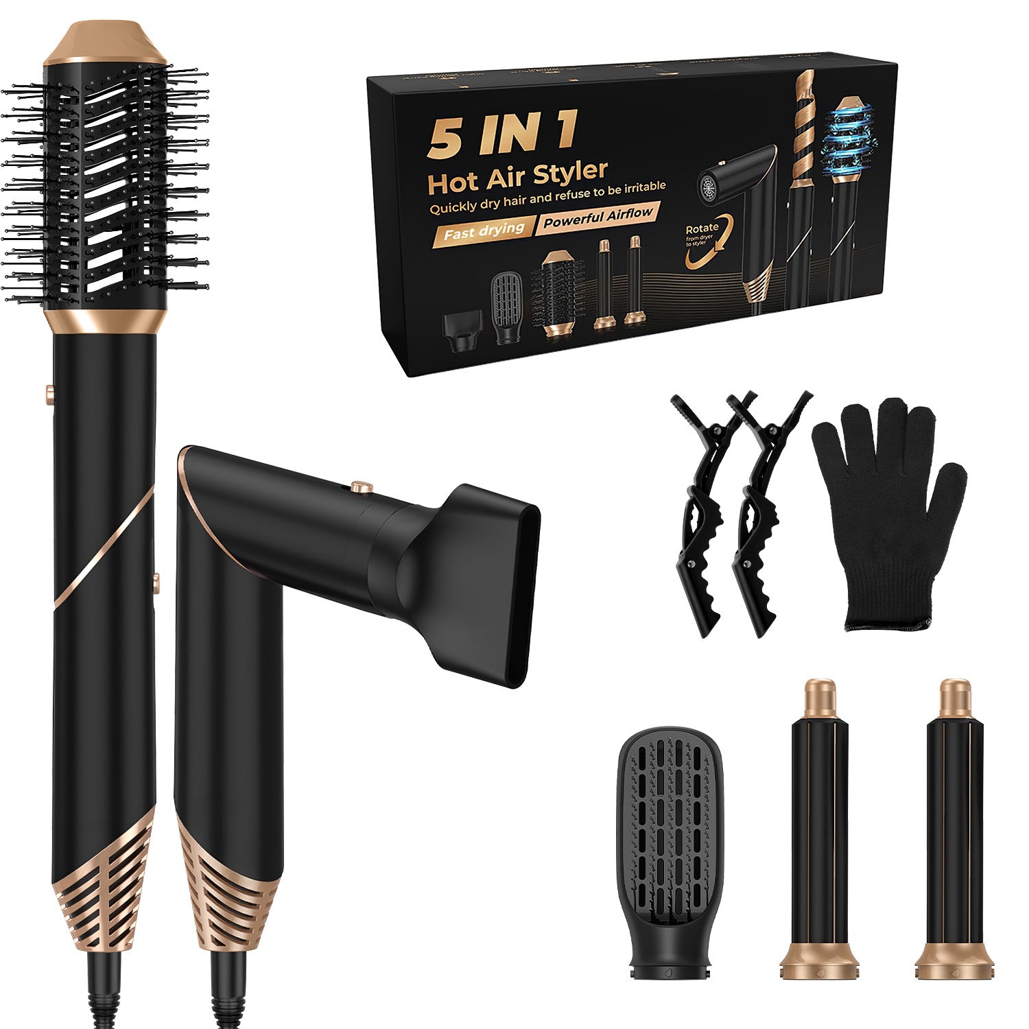 1Pc 5 In 1 Hot Air Styler Straightener Curler Dryer Automatic Wrap Styler Hair Dryer Brush Set With 3 Temp Settings ALCI Plug Glove Cable Tie 2 Alligator Hair Clips - 5 - CJ