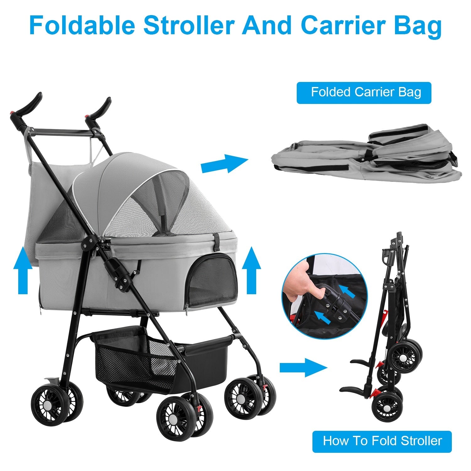 1Pc 4-Wheels Pet Stroller Foldable Carrier Strolling Cart Travel Jogger Pet Stroller With Removable Liner Storage Basket For Dog Cat by CJ