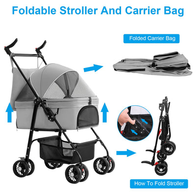 1Pc 4 - Wheels Pet Stroller Foldable Carrier Strolling Cart Travel Jogger Pet Stroller With Removable Liner Storage Basket For Dog Cat - 5 - CJ