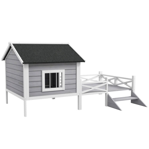 PawHut Small Medium Dog House With Porch, Grey - 5 - CJ