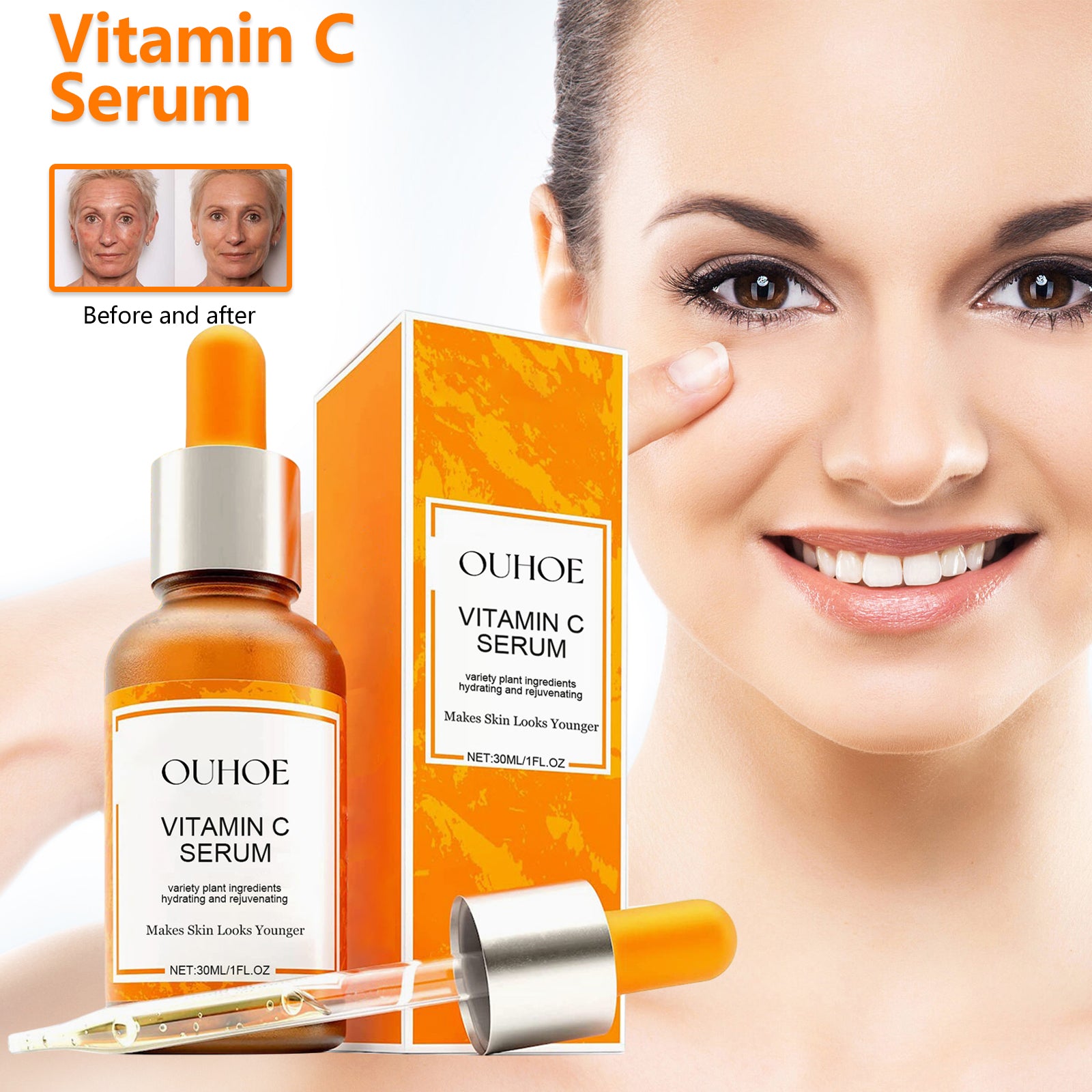 OUHOE Vitamin C Face Serum, Lighten Fine Lines And Tighten Facial Skin Anti - Aging Serum - 5 - CJ