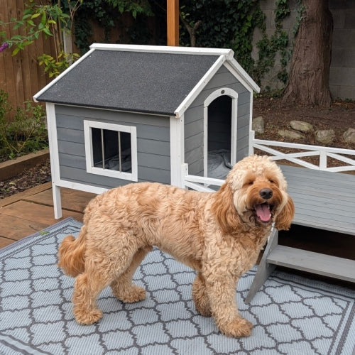 PawHut Small Medium Dog House With Porch, Grey - 5 - CJ