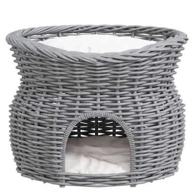 PawHut 2 - Tier Wicker Cat House Elevated Pet Bed Basket Willow Kitten Tower Pet Den. With Washable Cushions 56x37x40cm Grey - 5 - CJ
