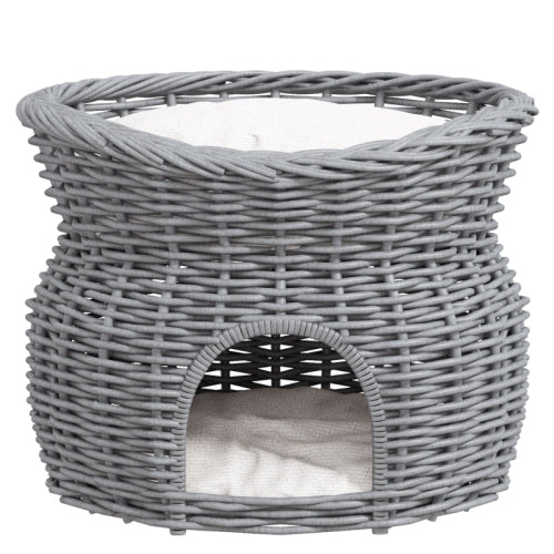 PawHut 2 - Tier Wicker Cat House Elevated Pet Bed Basket Willow Kitten Tower Pet Den. With Washable Cushions 56x37x40cm Grey - 5 - CJ