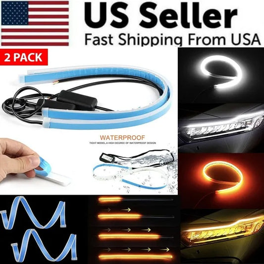 2 X 60CM Slim Amber Sequential Flexible LED DRL Turn Signal Strip For Headlight - 5 - CJ