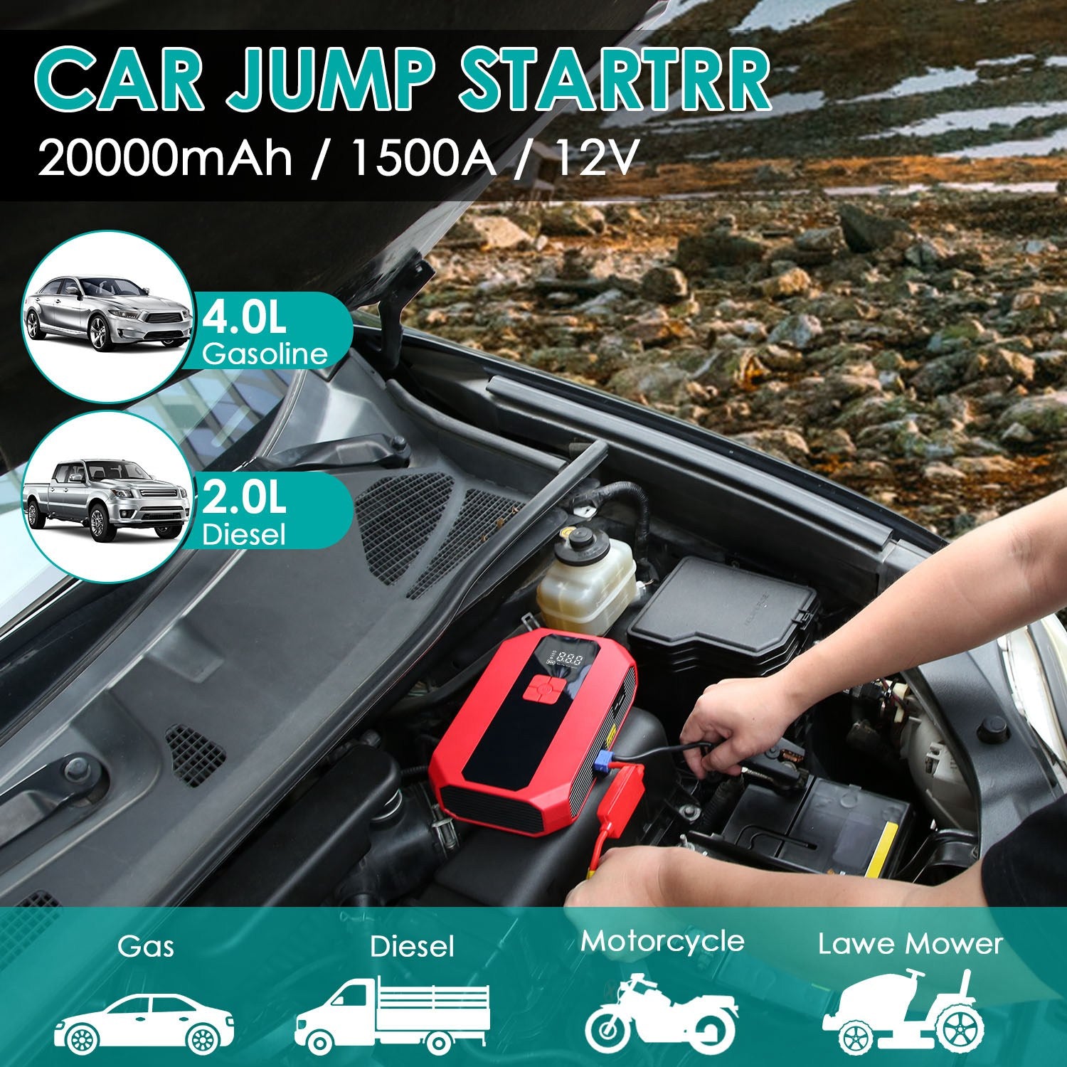 1Pc Portable Car Jump Starter Air Compressor 1500A 400PSI Car Battery Charger Jump Starter Power Bank LED Flashlight Digital Tire Inflator For 4.0L Gasoline Or 2.0L Diesel Engine - 5 - CJ