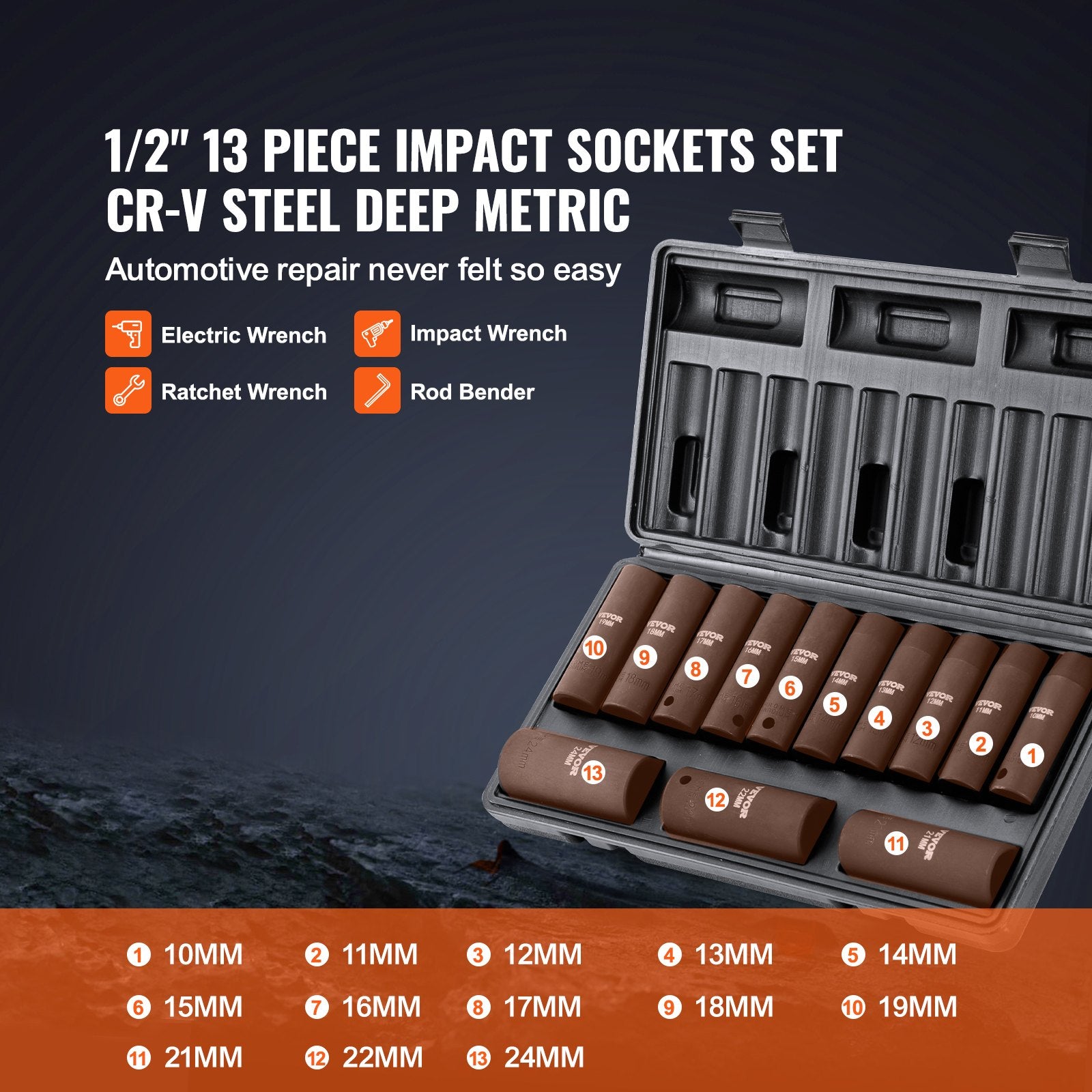 Drive Impact Socket Set, 13 Piece Deep Socket Set Metric 10 - 24mm, 6 Point CR - V Alloy Steel For Auto Repair, Easy - to - Read Size Markings, Rugged Construction, Includes Storage Case - 5 - CJ