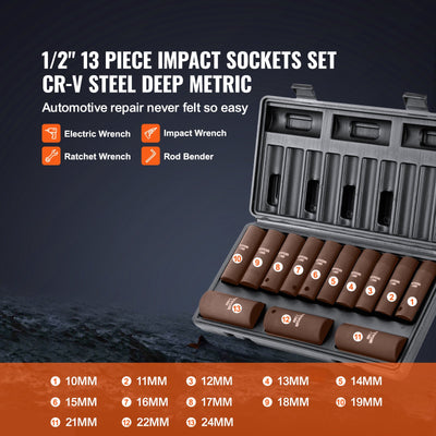 Drive Impact Socket Set, 13 Piece Deep Socket Set Metric 10 - 24mm, 6 Point CR - V Alloy Steel For Auto Repair, Easy - to - Read Size Markings, Rugged Construction, Includes Storage Case - 5 - CJ