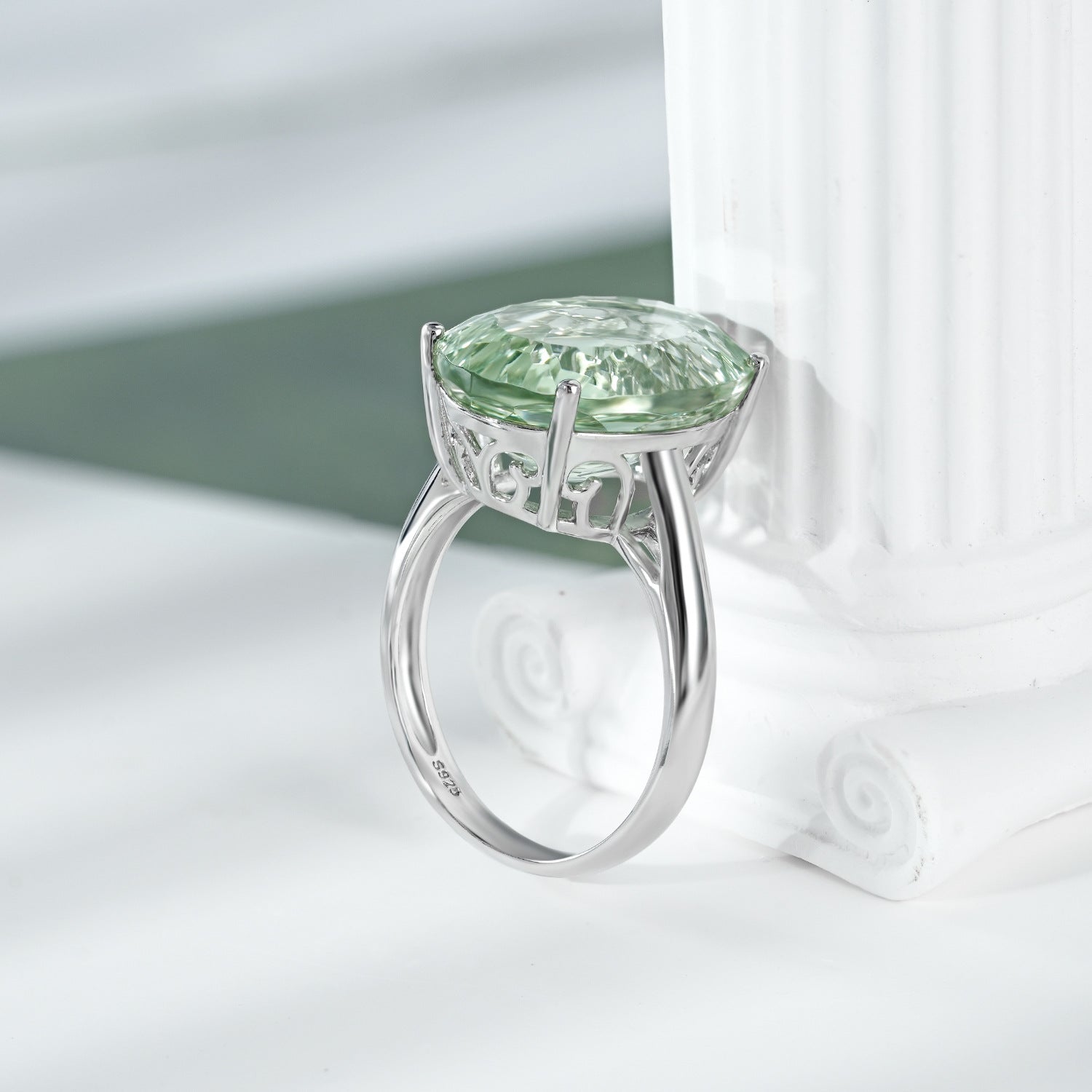 Luxury Retro 925 Sterling Silver Ring Large Grain Natural Green Amethyst Gemstone Inlaid Ring - 4 - CJ