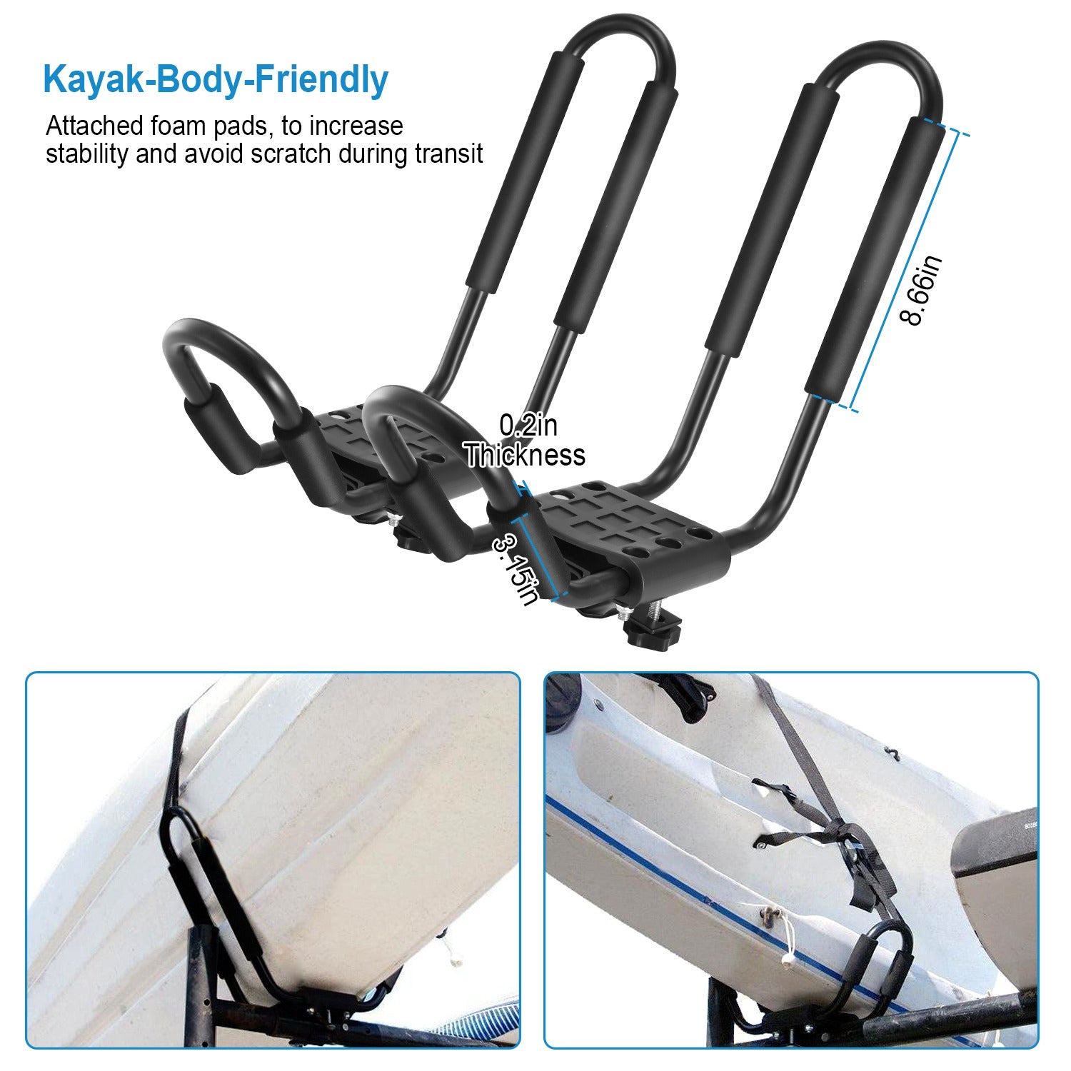 1 Pair Universal J - Bar Kayak Carrier 220LBS Load Heavy Duty Canoe Car Top Mount Carrier Roof Rack With 2Pcs Tie Down Straps - 5 - CJ