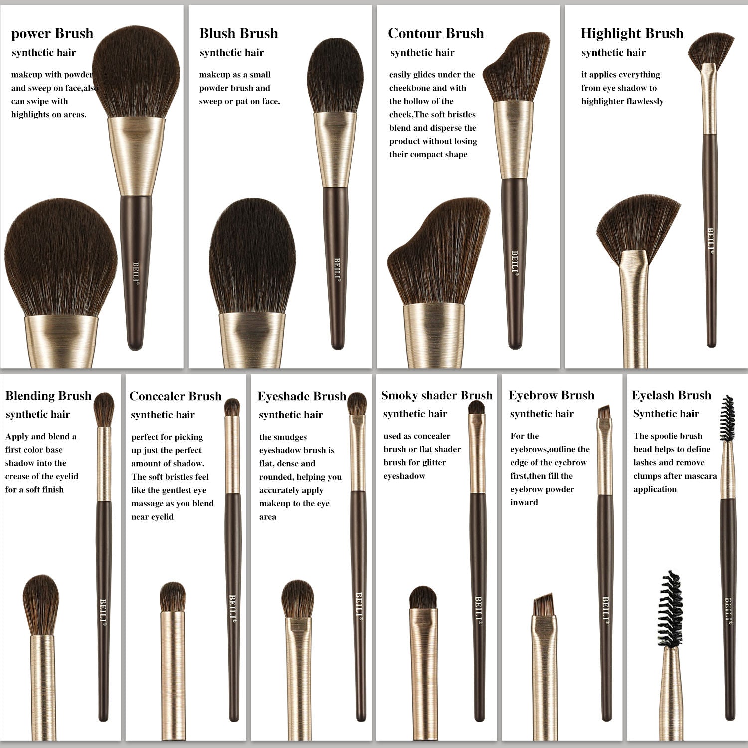 Baili 10pcs Rose Gold Tube Synthetic Hair Vegan Luxury Makeup Brush Set Contour Blush Brush Set - 5 - CJ