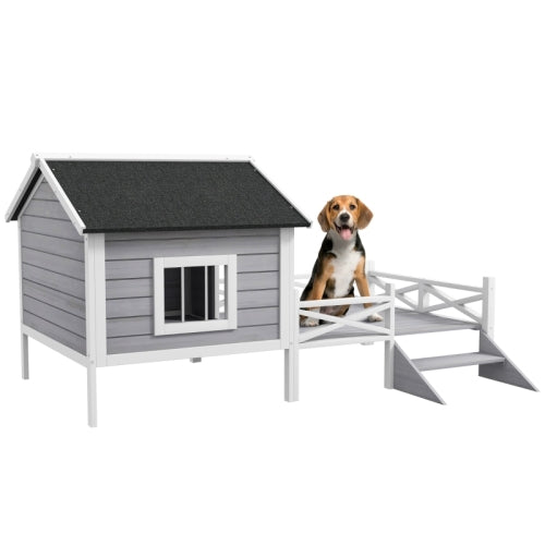 PawHut Small Medium Dog House With Porch, Grey - 5 - CJ